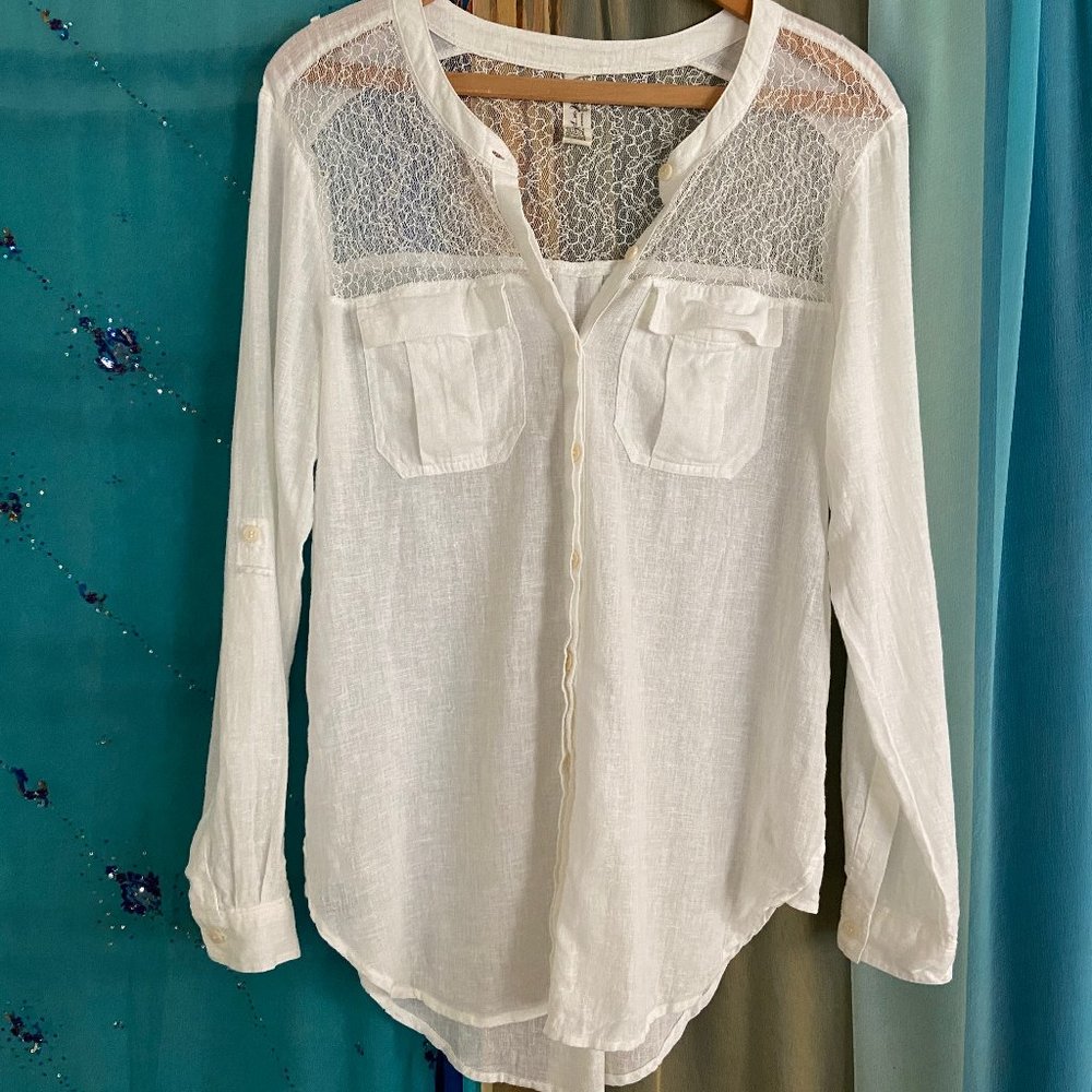 Free People Lace Yoke White Button Down Shirt